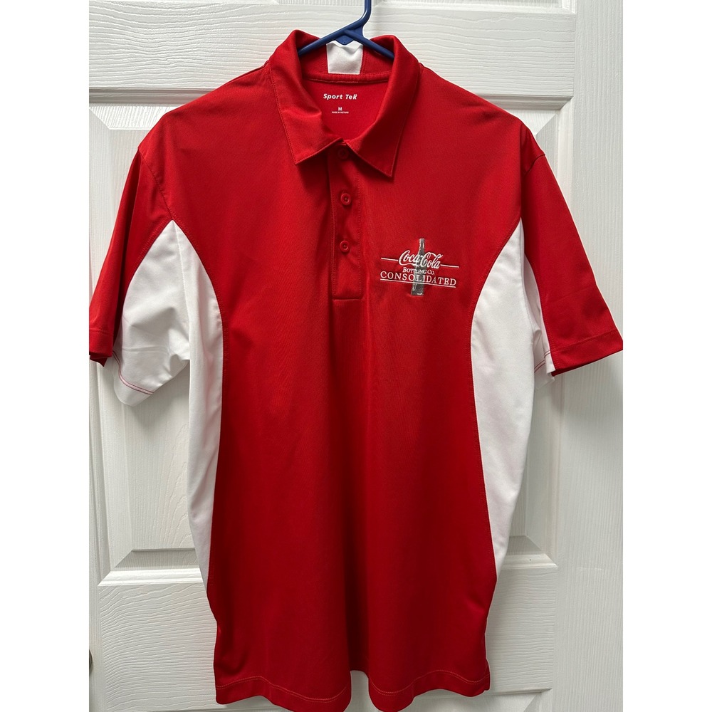 Sport-Tek Mens Coca-Cola Consolidated Polo Shirt Red White Size M Medium‎ STAINS
